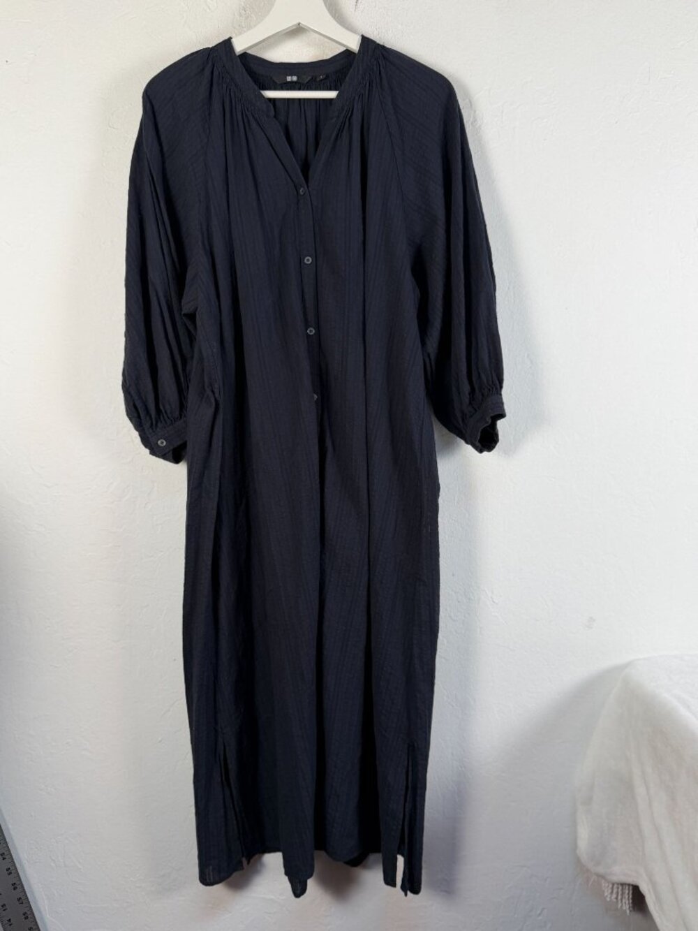 Uniqlo Womens BlackTextured Cotton 7/8 Sleeve Midi Shirt Dress Small Button Down